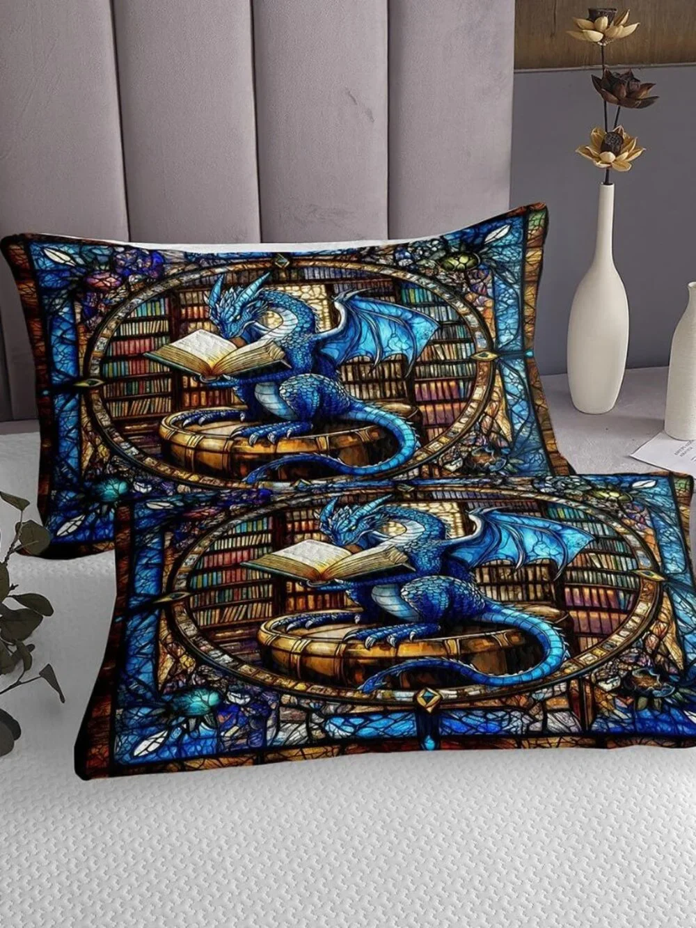 Western Dragon Kids Bedspread King Size,Blue Dragon Reading Book Bookshelf Cover